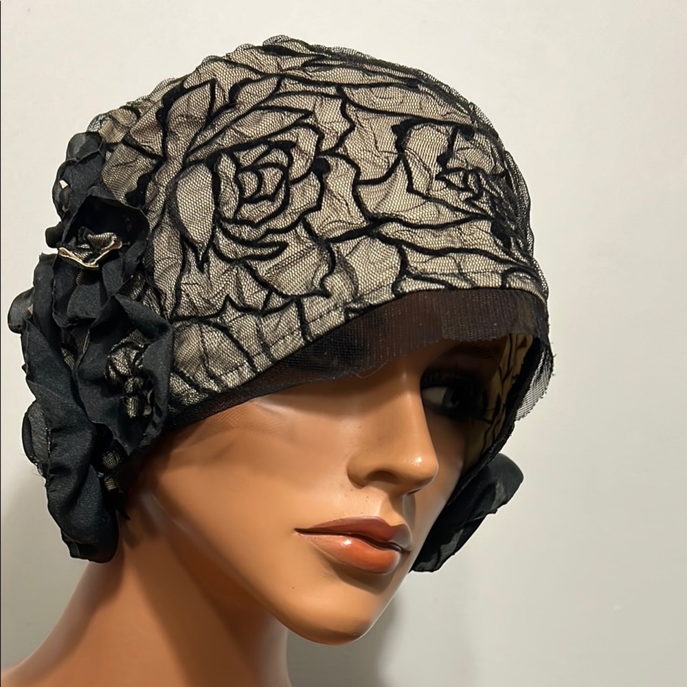 Daytime Church Wrap Elegant Black Floral Lace Cloche Hat